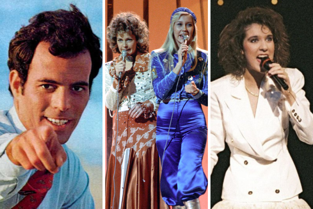 Legendary Eurovision contestants, from left to right: Julio Iglesias from Spain, ABBA from Sweden, and Canadian Celine Dion who won for Switzerland